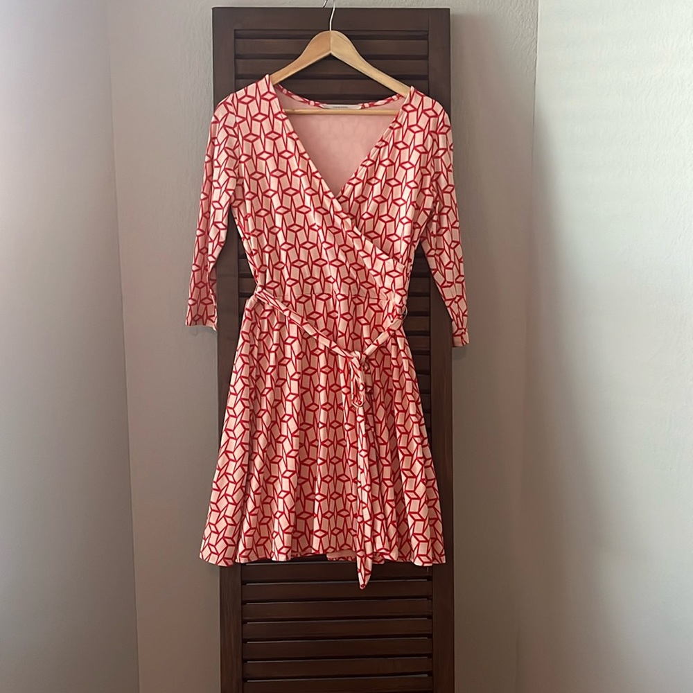 Red, geometric print, belted wrap dress. Size Medium.